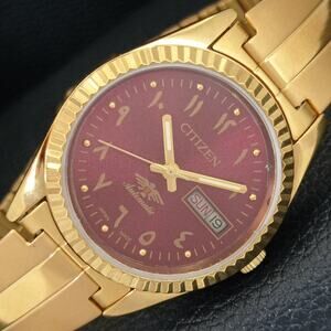 Vintage 1984 Citizen Automatic Mens Gold Watch W/daydate & Red accents